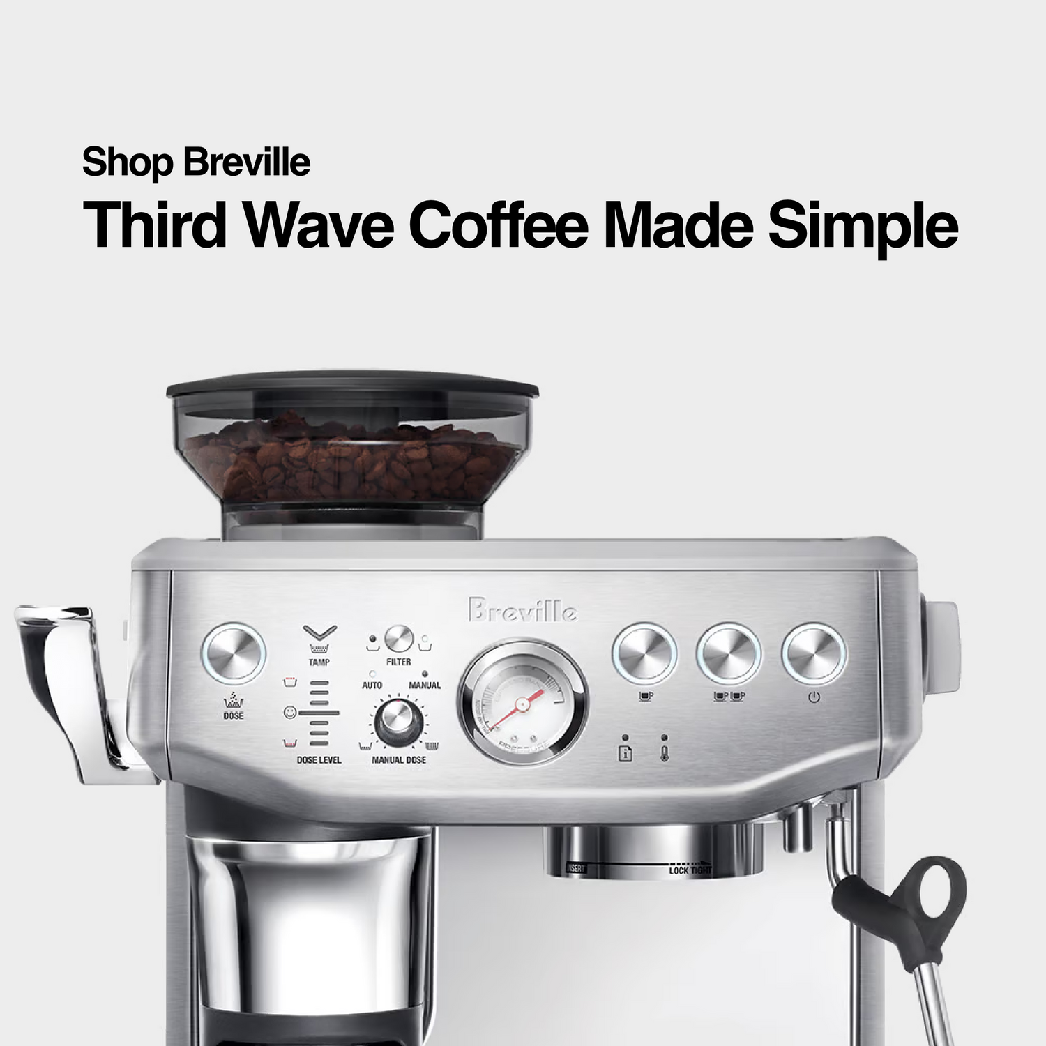 A sleek Breville espresso machine with an integrated grinder, featuring a stainless steel design. The text reads “Shop Breville – Third Wave Coffee Made Simple,” highlighting the machine’s ease of use and premium coffee-making capabilities.